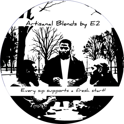 The Artisanal Blends by E2 logo: three versions of Emmanuel sharing coffee in a park